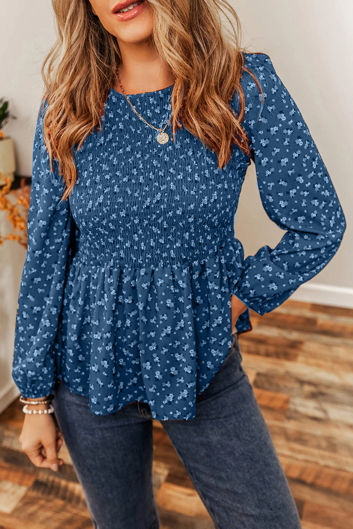 Ditsy Floral Print Boho Smocked Ruffled Peplum Blouse(Buy 2 Free Shipping)