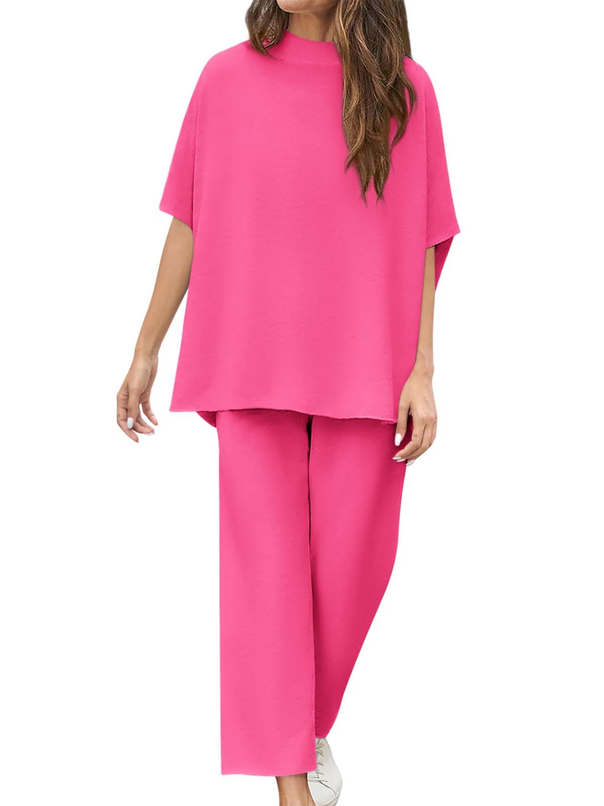 Limited time sale🔥Women's 2 Piece Outfits 3/4 Batwing Sleeve Pullover Top Wide Leg Pants Lounge Set