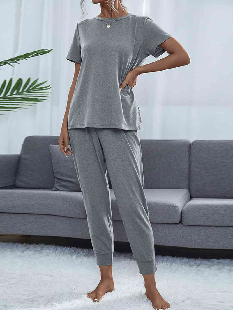 Women's Round Neck Short Sleeve Top and Pants Set