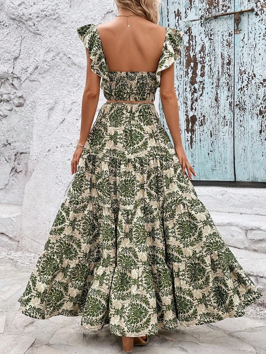 All-over Print Suspender Ruffle Trim Top & Skirt Casual Vacation Set