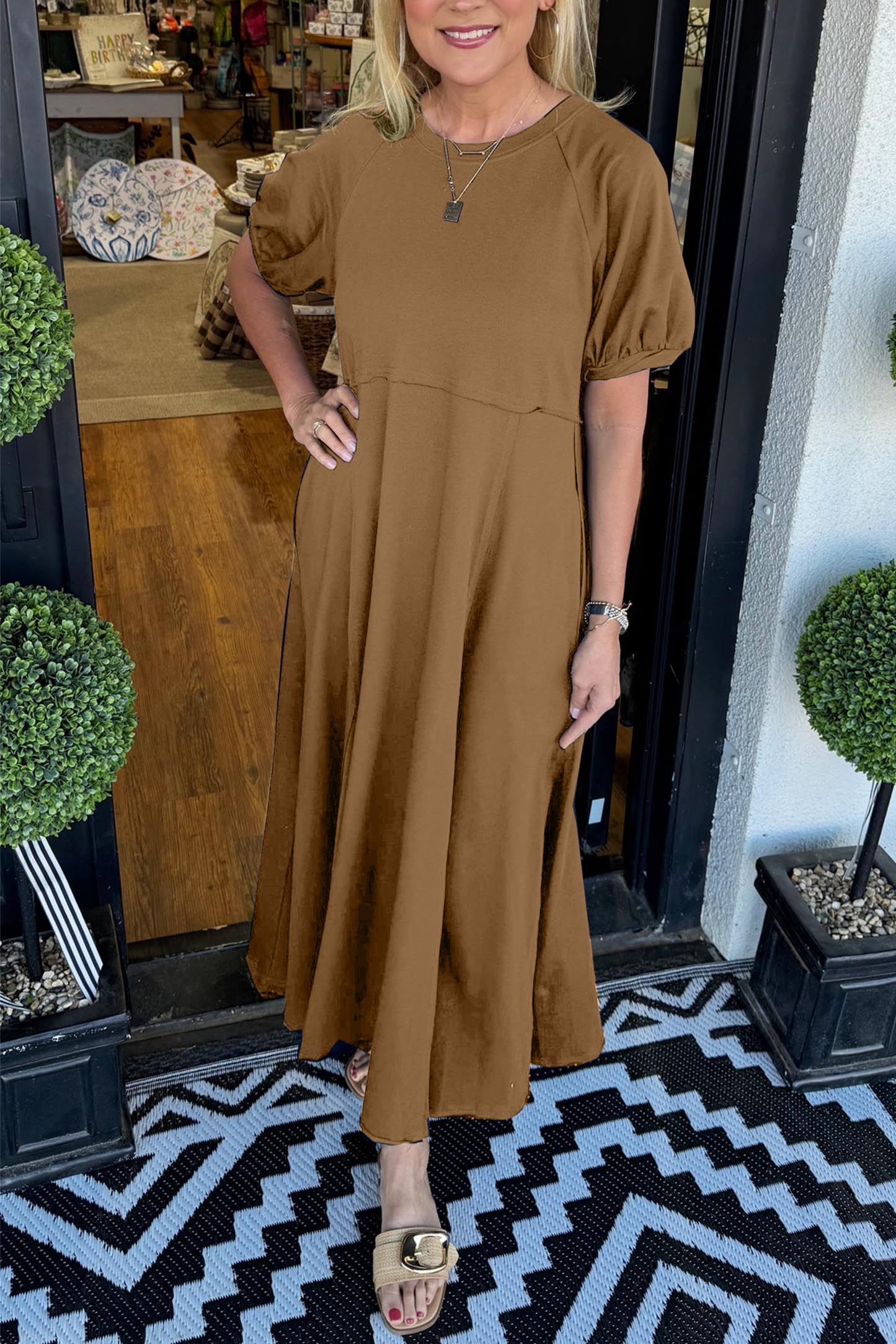 🔥Women's Solid Color Puff Sleeve Round Neck Long Dress（Buy 2 Free Shipping）
