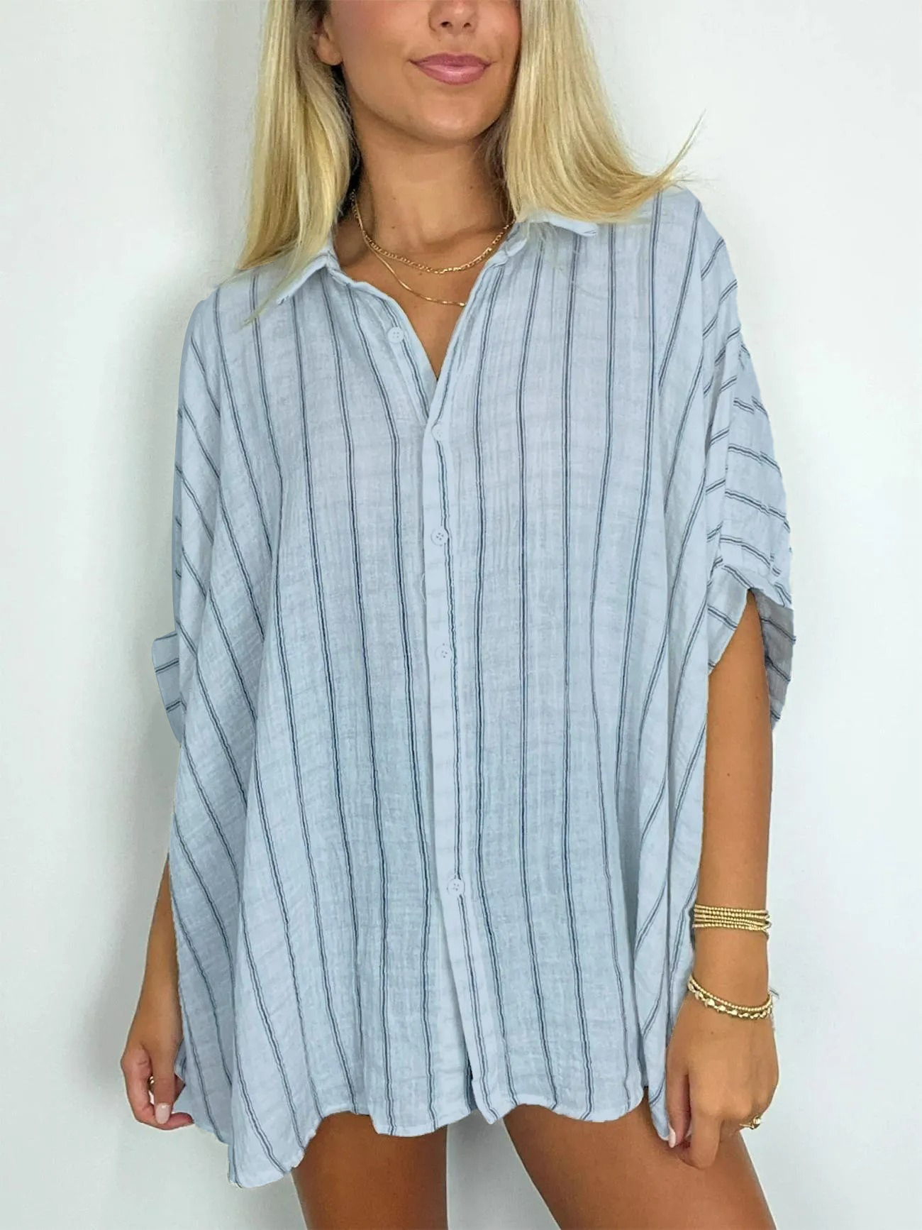 2024 Popular Oversized Striped Button Down Top Shirt jacket(50% OFF🔥)