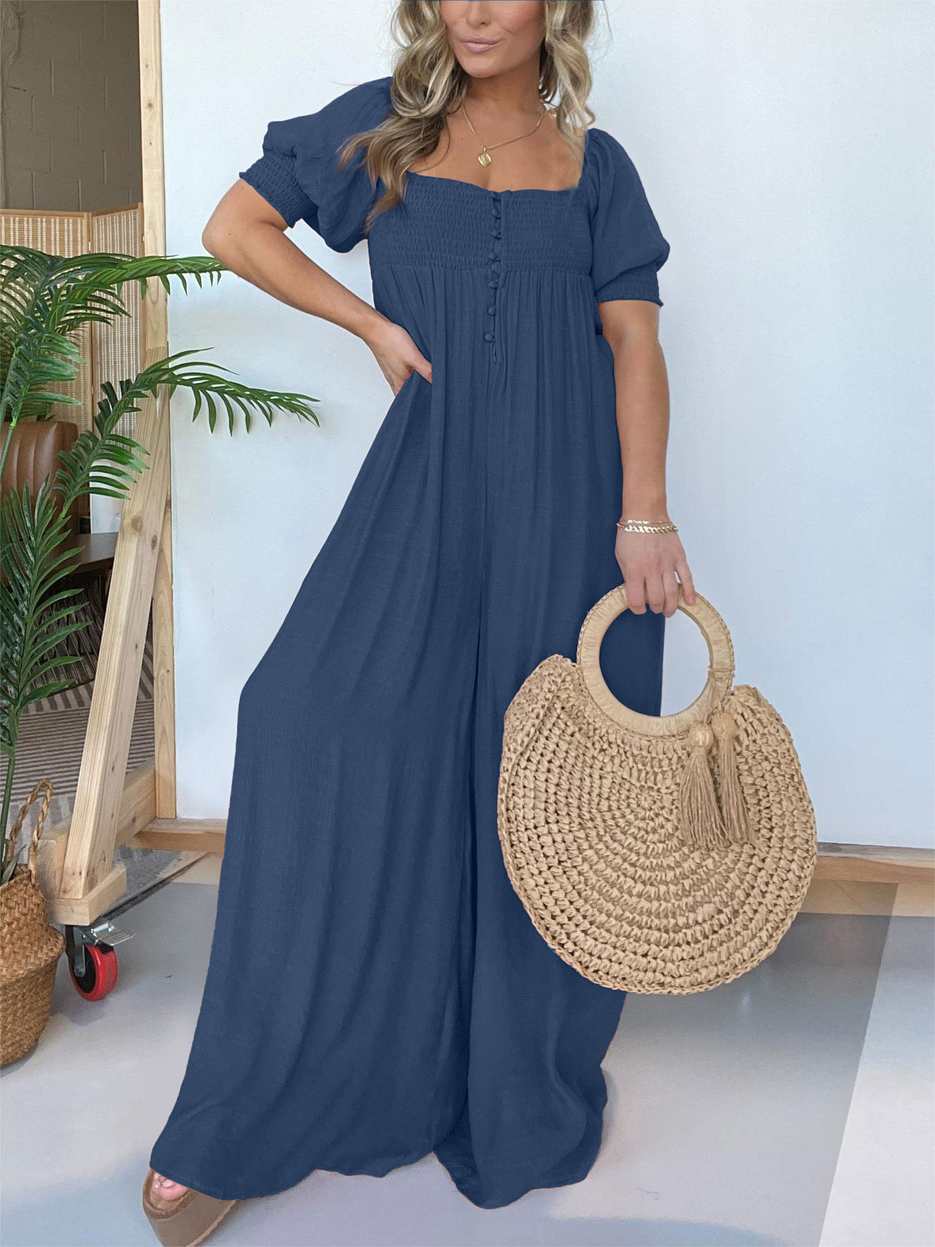 Square Neckline Jumpsuit with Smocked Bodice Button (Buy 2 Free Shipping)