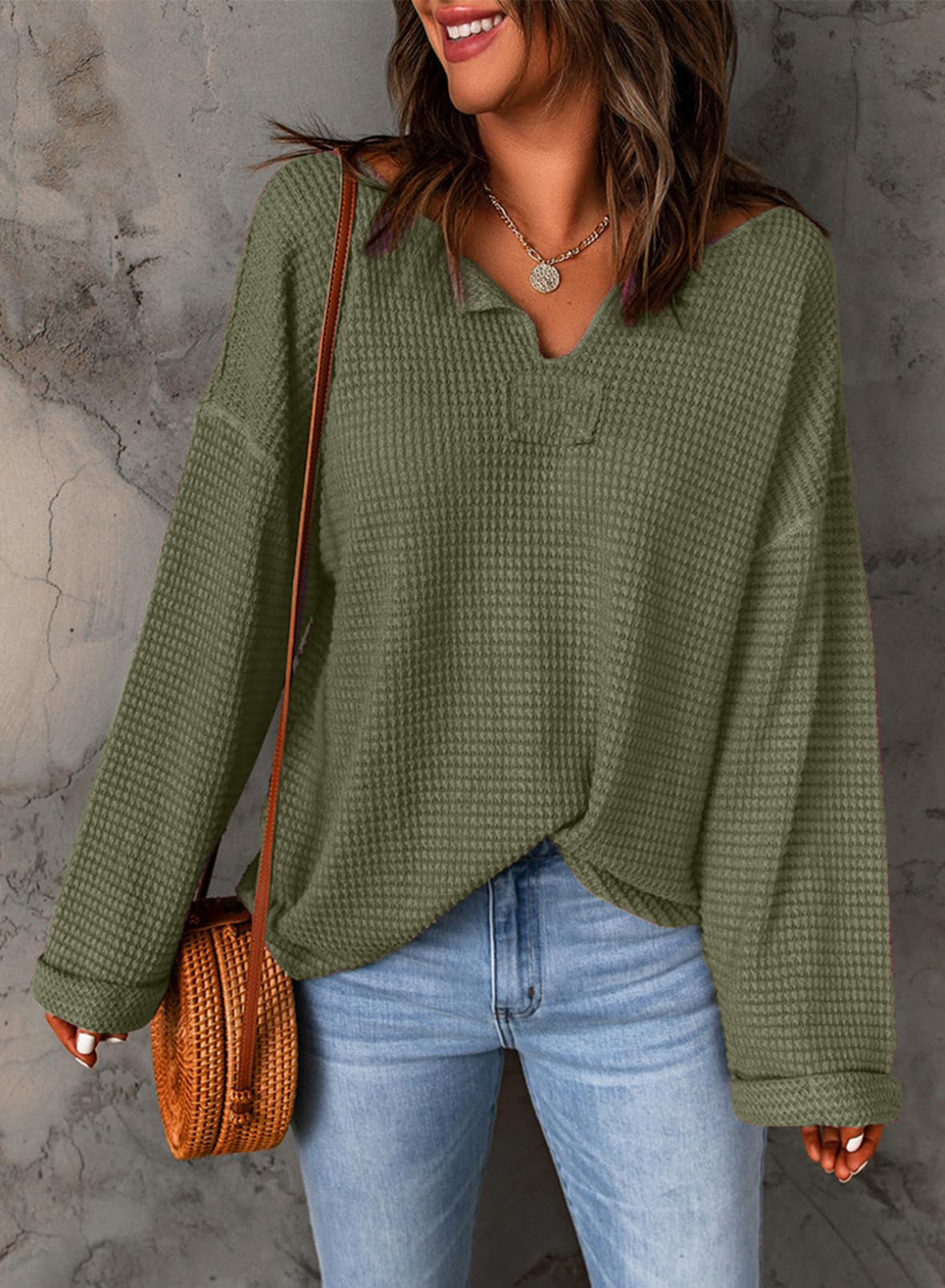Casual Notched Neck Drop Shoulder Waffle Knit Top