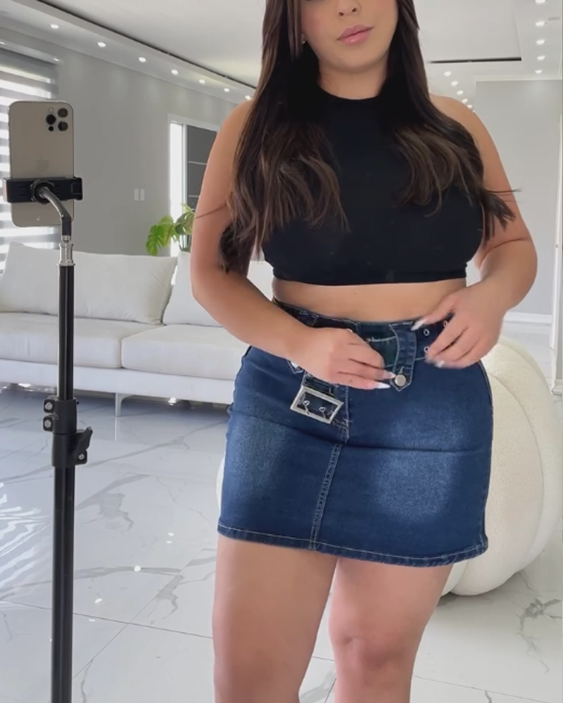 High Waisted Mini Slim Fit Denim Skirt With Shorts Underneath