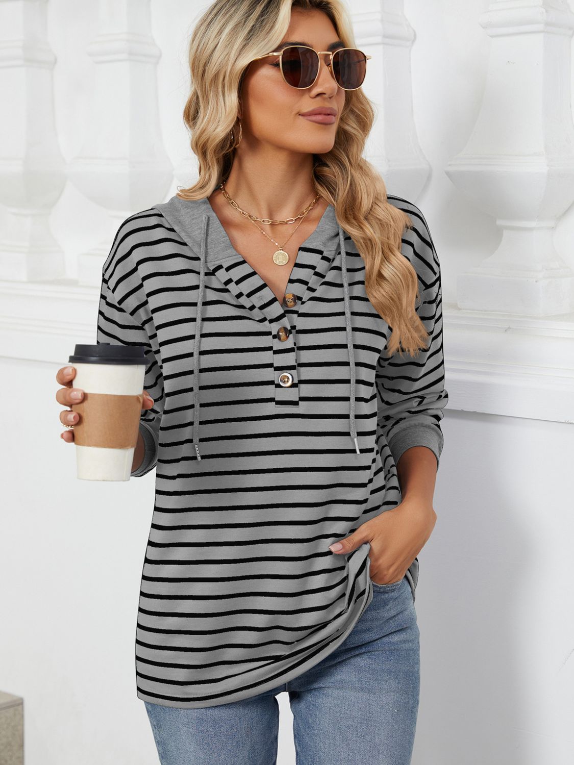 Womens Striped Hoodies Jumper Drawstring Tops
