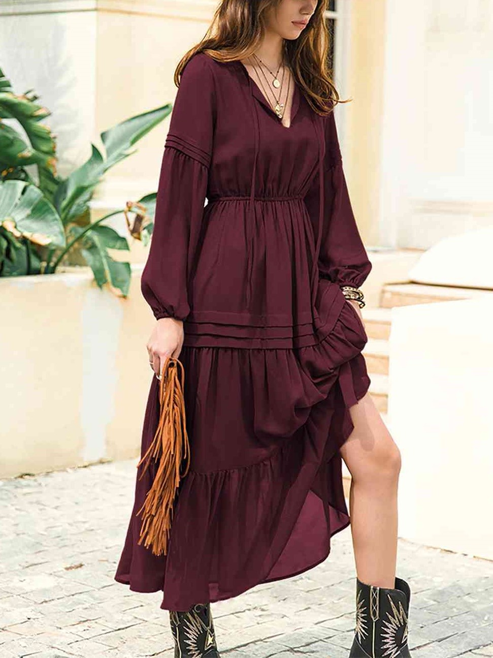 Women‘s Flowy Lantern Sleeve Ruffle Hem Tiered Midi Dress