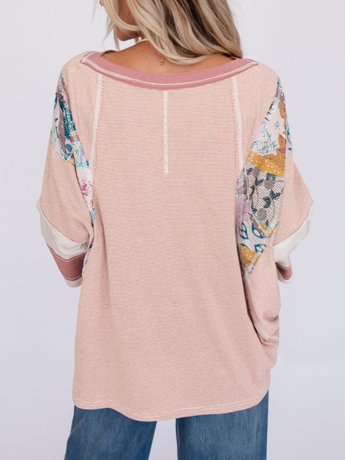 Women's Casual Striped Floral Print Patchwork Oversized 3/4 Sleeve Top