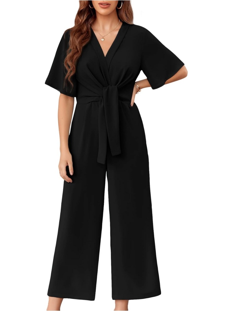 Womens Short Sleeve Tie Knot Front Wide Leg Jumpsuits