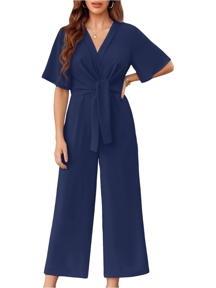 Womens Short Sleeve Tie Knot Front Wide Leg Jumpsuits