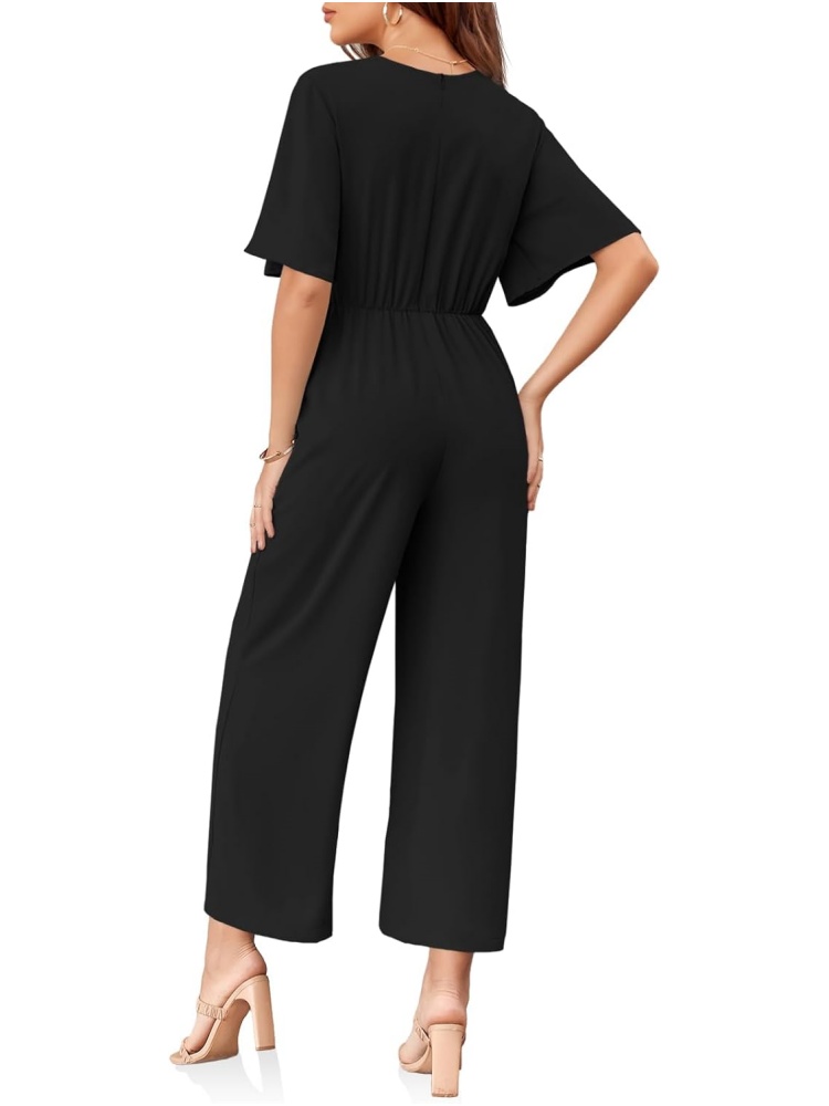 Womens Short Sleeve Tie Knot Front Wide Leg Jumpsuits