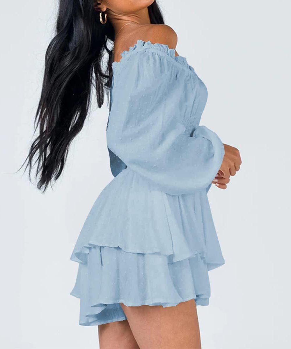 Women's Off-the-shoulder Lantern Sleeves Ruffled Hem Mini Romper(BUY 2 FREE SHIPPING)