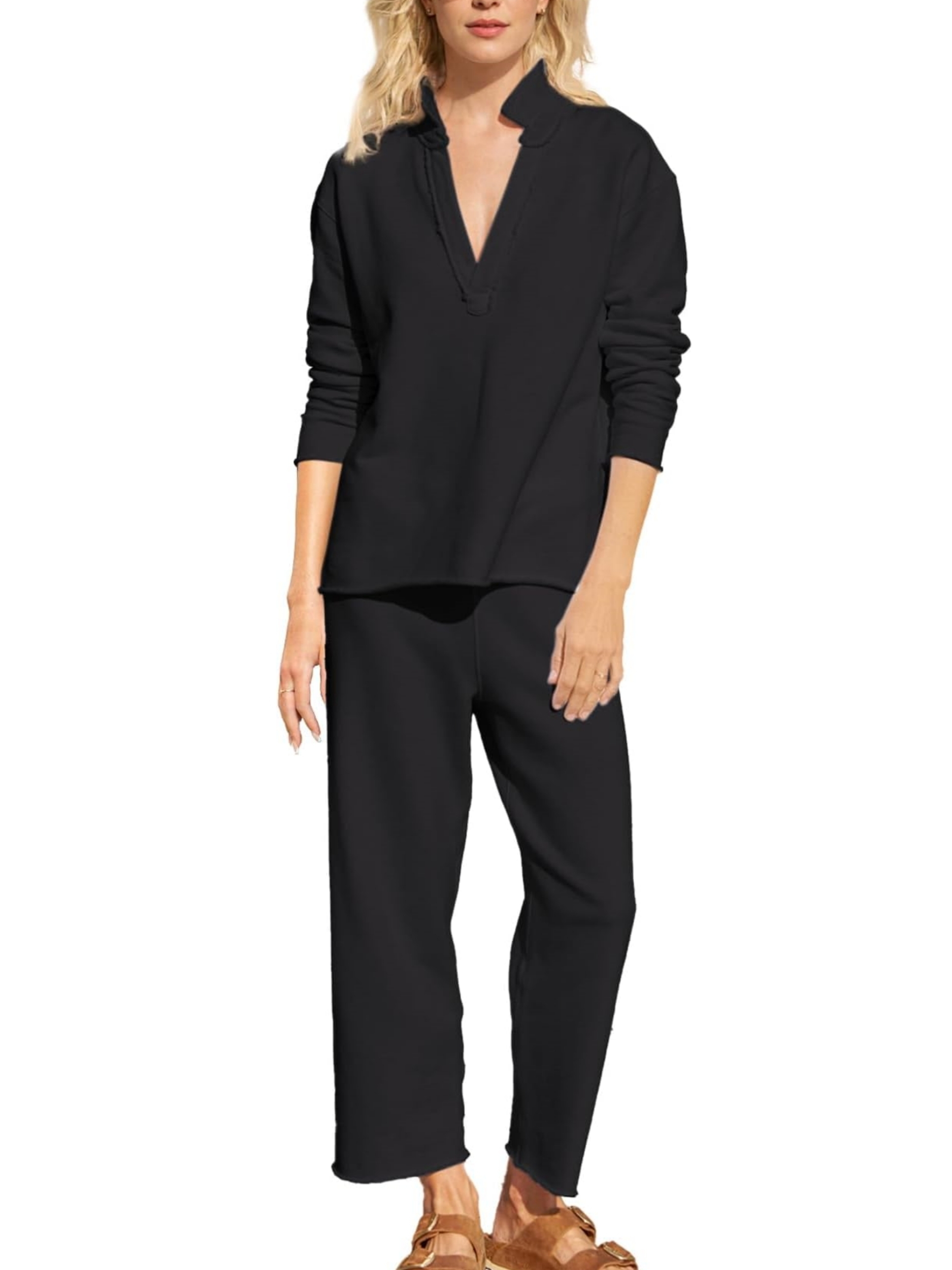 V Neck Long Sleeve Tops Wide Leg Pants Travel 2 Piece Sets (Buy 2 Free Shipping)