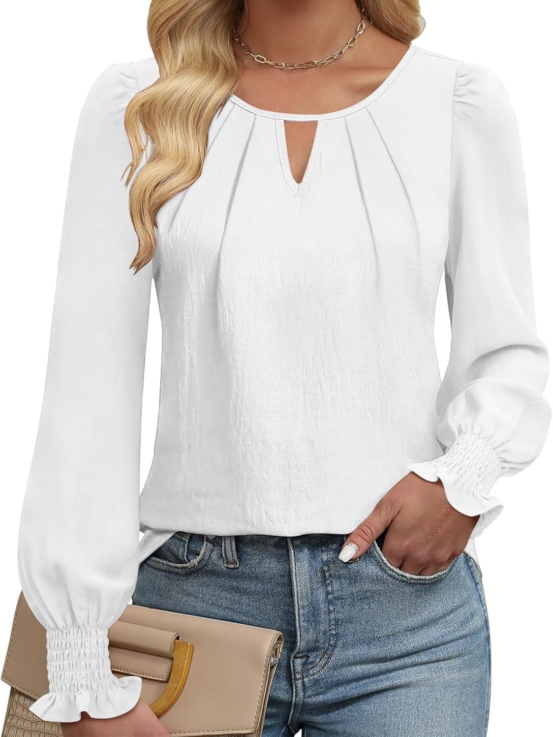 Women's Long Sleeve Dressy Casual Keyhole Hollow Pleated Shirt Tops