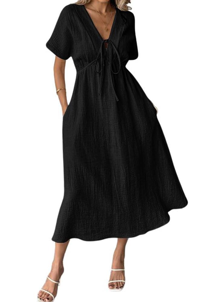 HOT SALE Women's Summer Solid Color V-Neck Cotton Dress