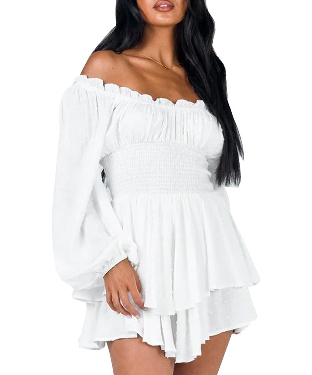 Women's Off-the-shoulder Lantern Sleeves Ruffled Hem Mini Romper(BUY 2 FREE SHIPPING)