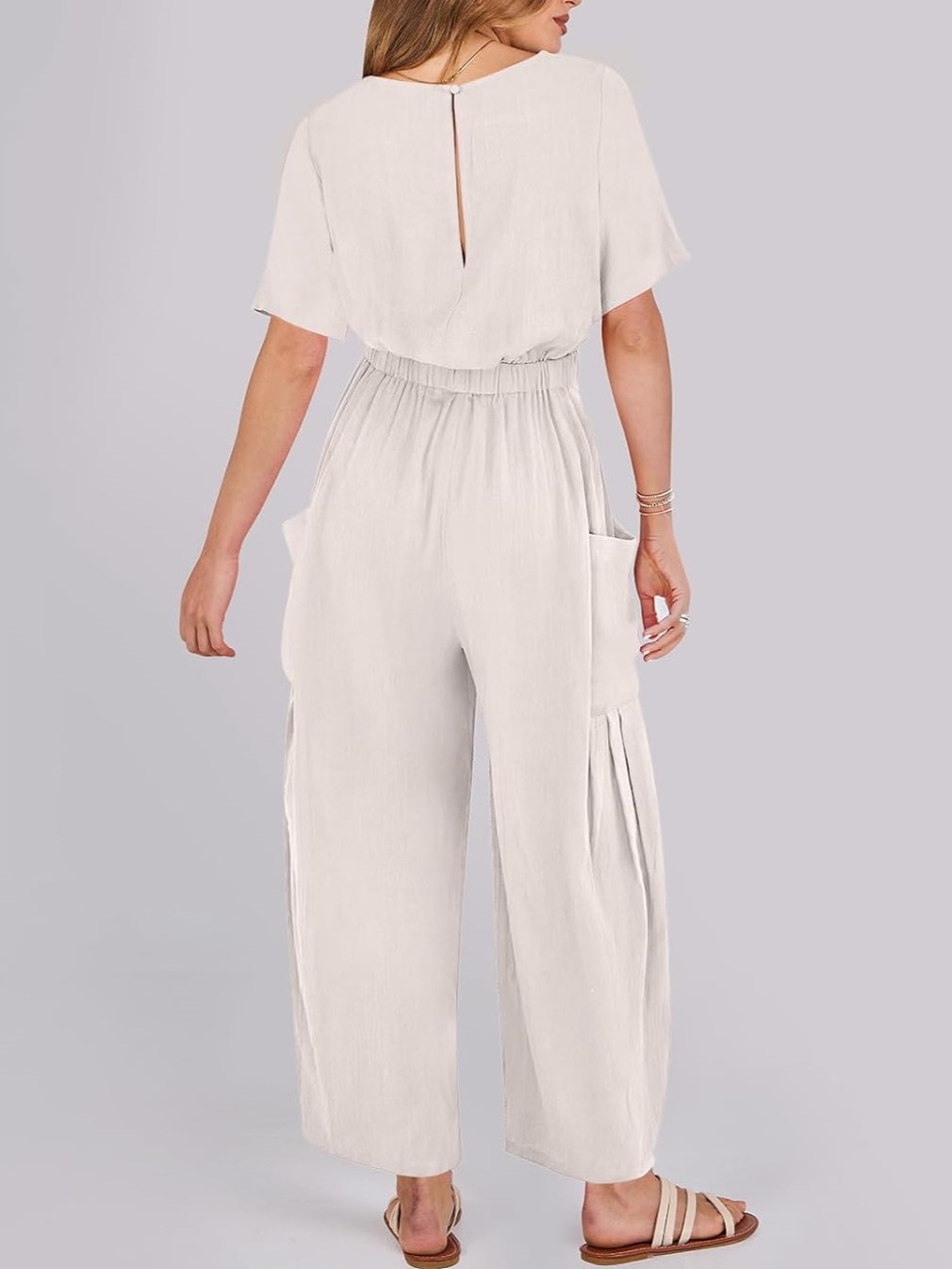 Short Sleeve Wide Leg Pants Linen Romper With Pockets
