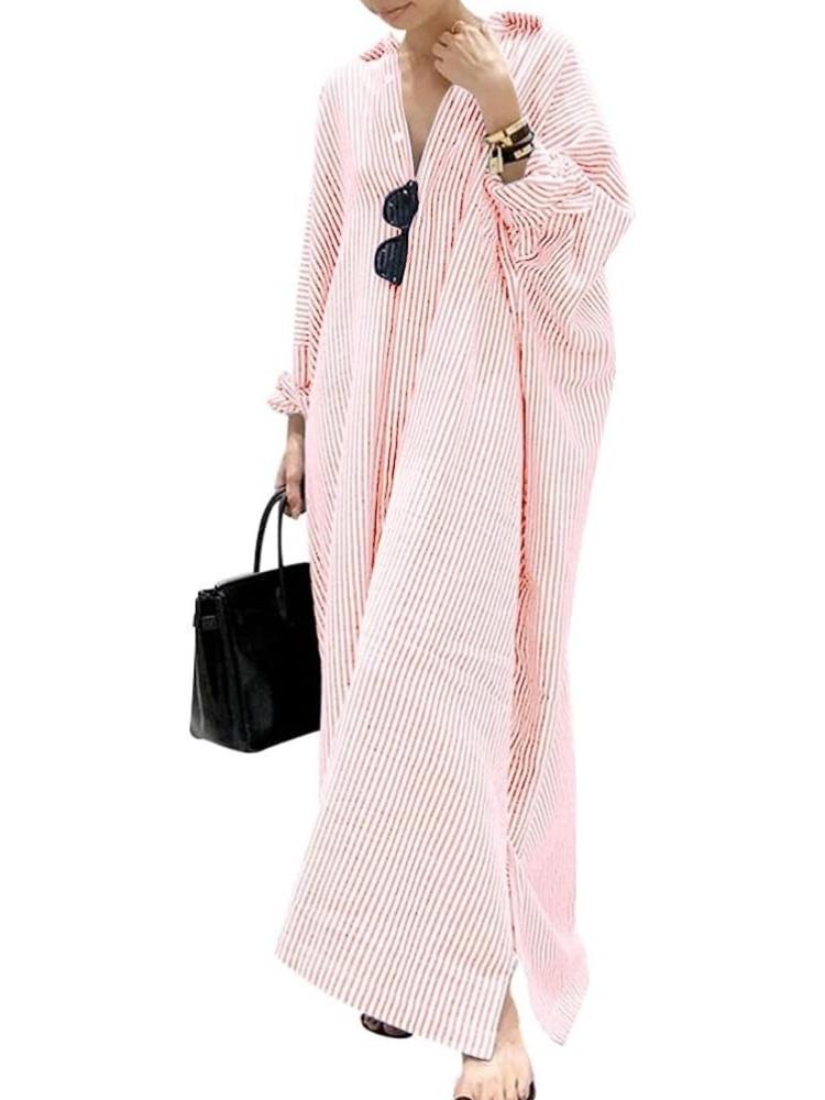 Women's Casual Button Down Loose Striped Cotton Maxi Shirt Dress