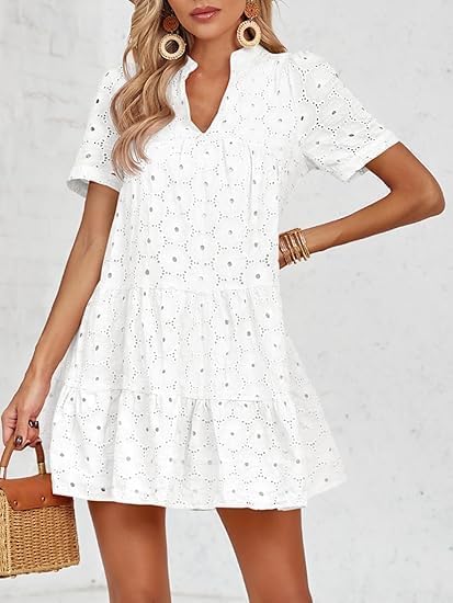 Womens Eyelet Casual Flowy Babydoll Swing Short Sleeve V Neck Tunic Dress