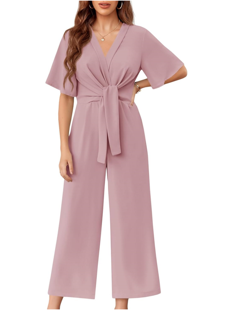 Womens Short Sleeve Tie Knot Front Wide Leg Jumpsuits