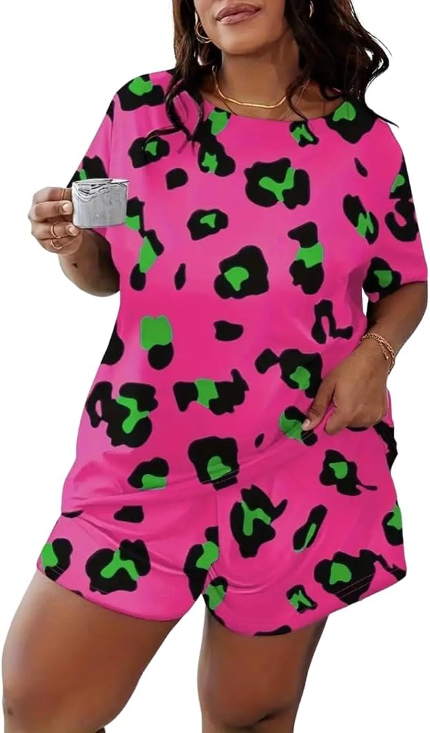 Women's Summer Plus Size All Over Print Loose Pajama Set