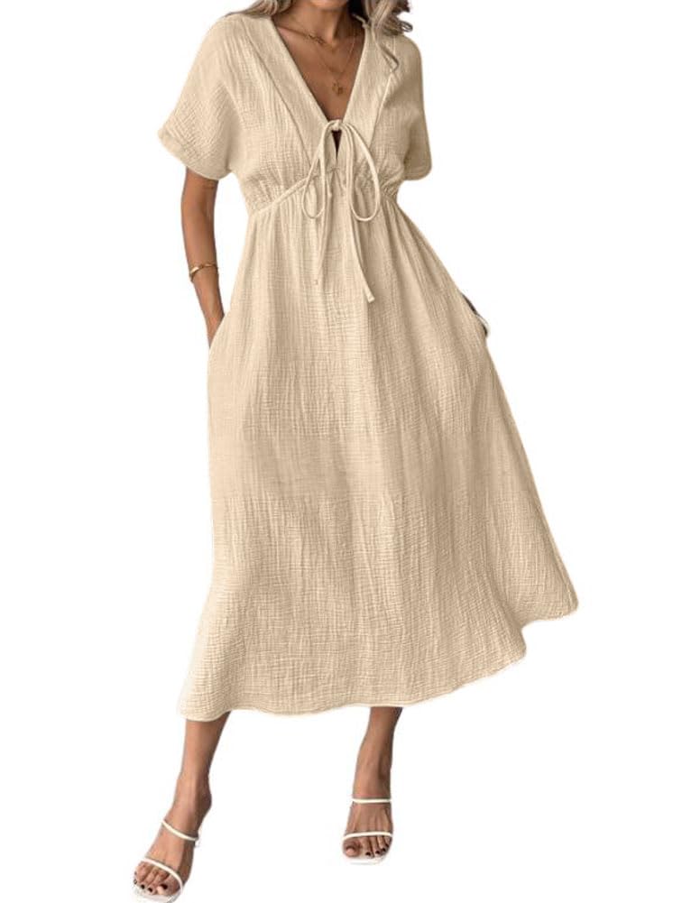 HOT SALE Women's Summer Solid Color V-Neck Cotton Dress