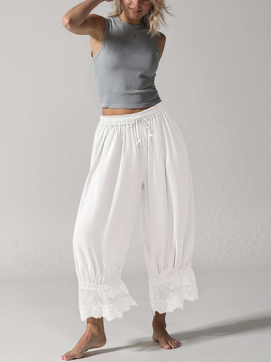 Women's Lace-Trimmed Ruffled Lantern Pants, Cropped Wide Leg Pants