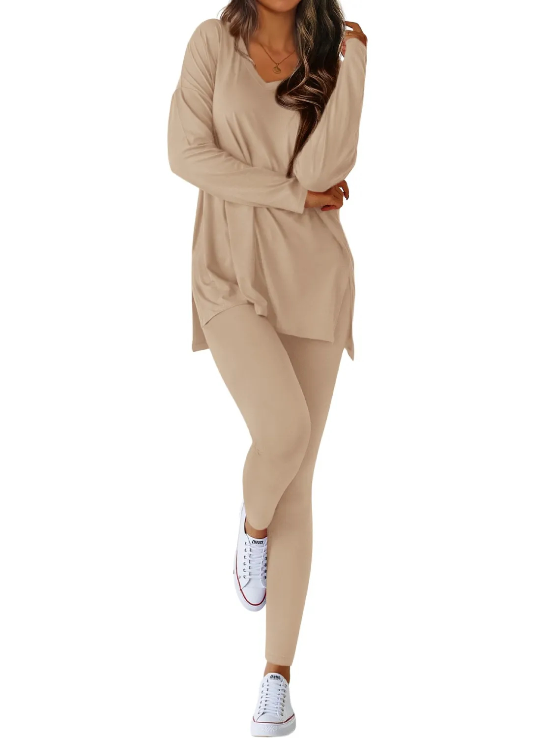 Women's V-neck Oversized Shirts Leggings Casual Lounge Matching Set