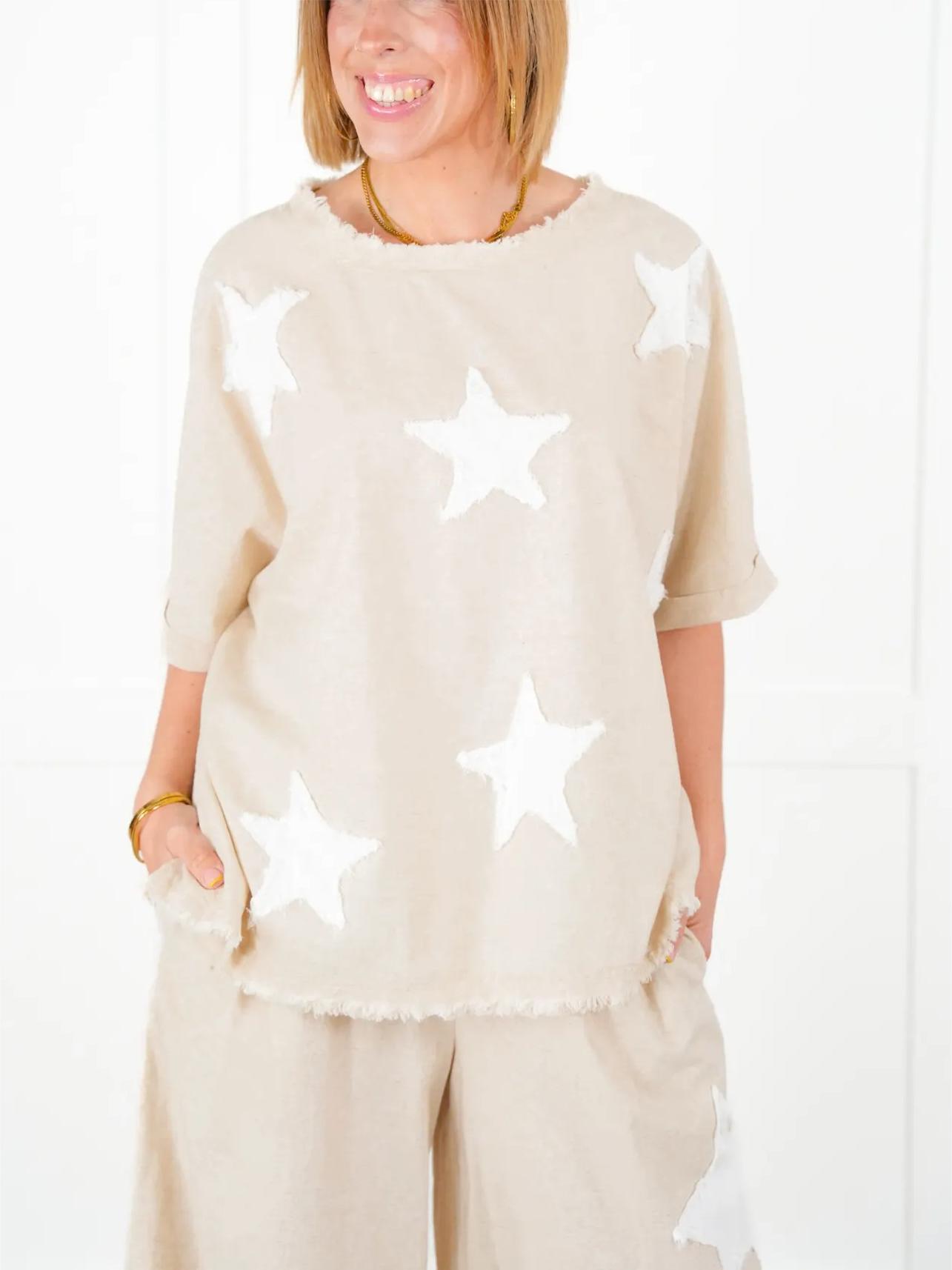 Women's Short Sleeve Top And Wide Leg Pant Set With Star Patch Detail(50% OFF🔥)