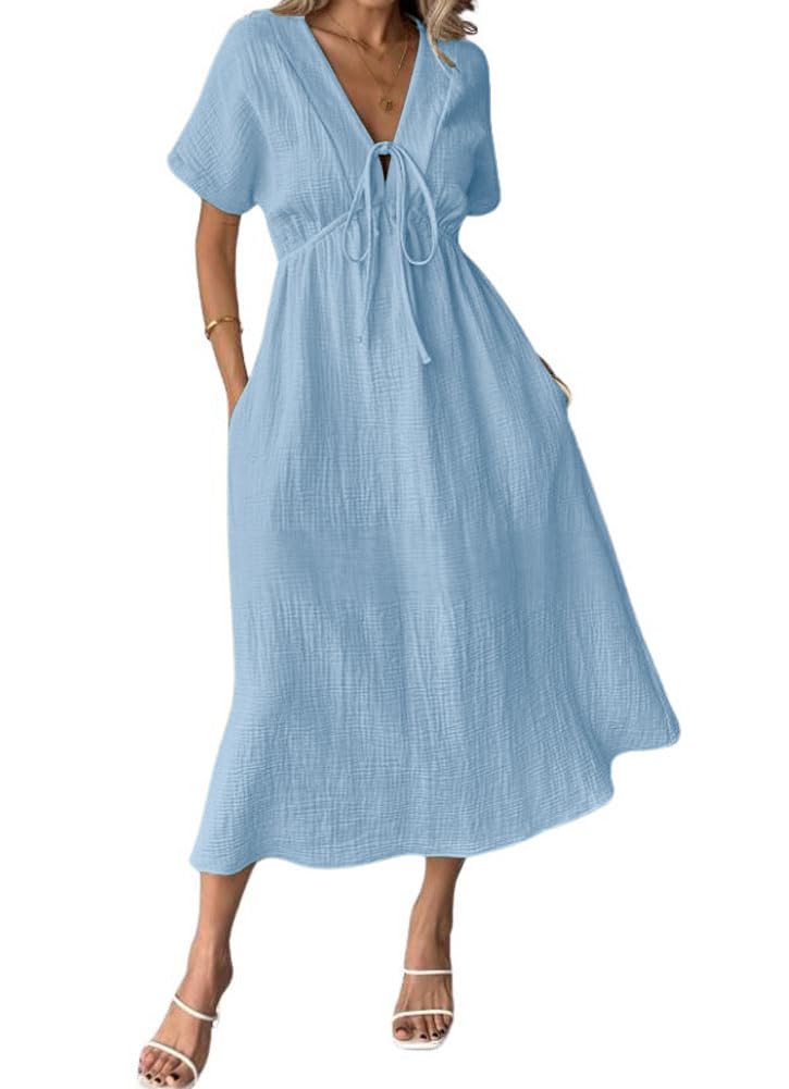 HOT SALE Women's Summer Solid Color V-Neck Cotton Dress