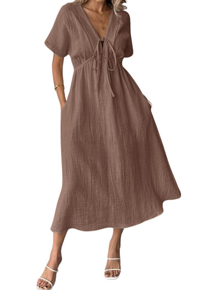 HOT SALE Women's Summer Solid Color V-Neck Cotton Dress