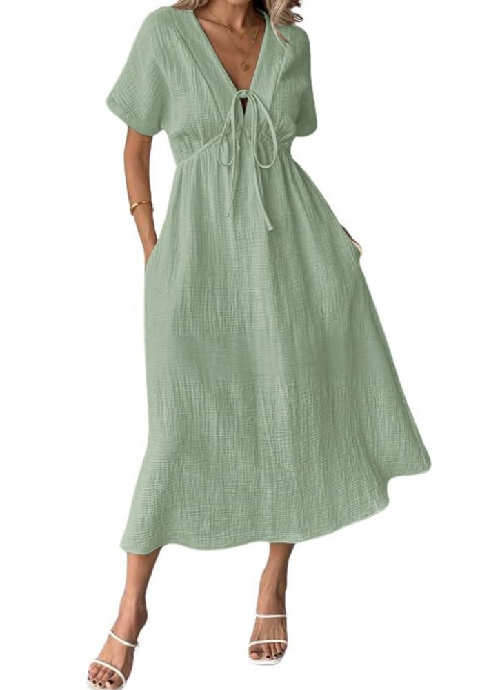HOT SALE Women's Summer Solid Color V-Neck Cotton Dress