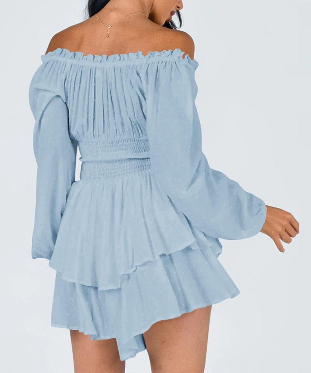 Women's Off-the-shoulder Lantern Sleeves Ruffled Hem Mini Romper(BUY 2 FREE SHIPPING)