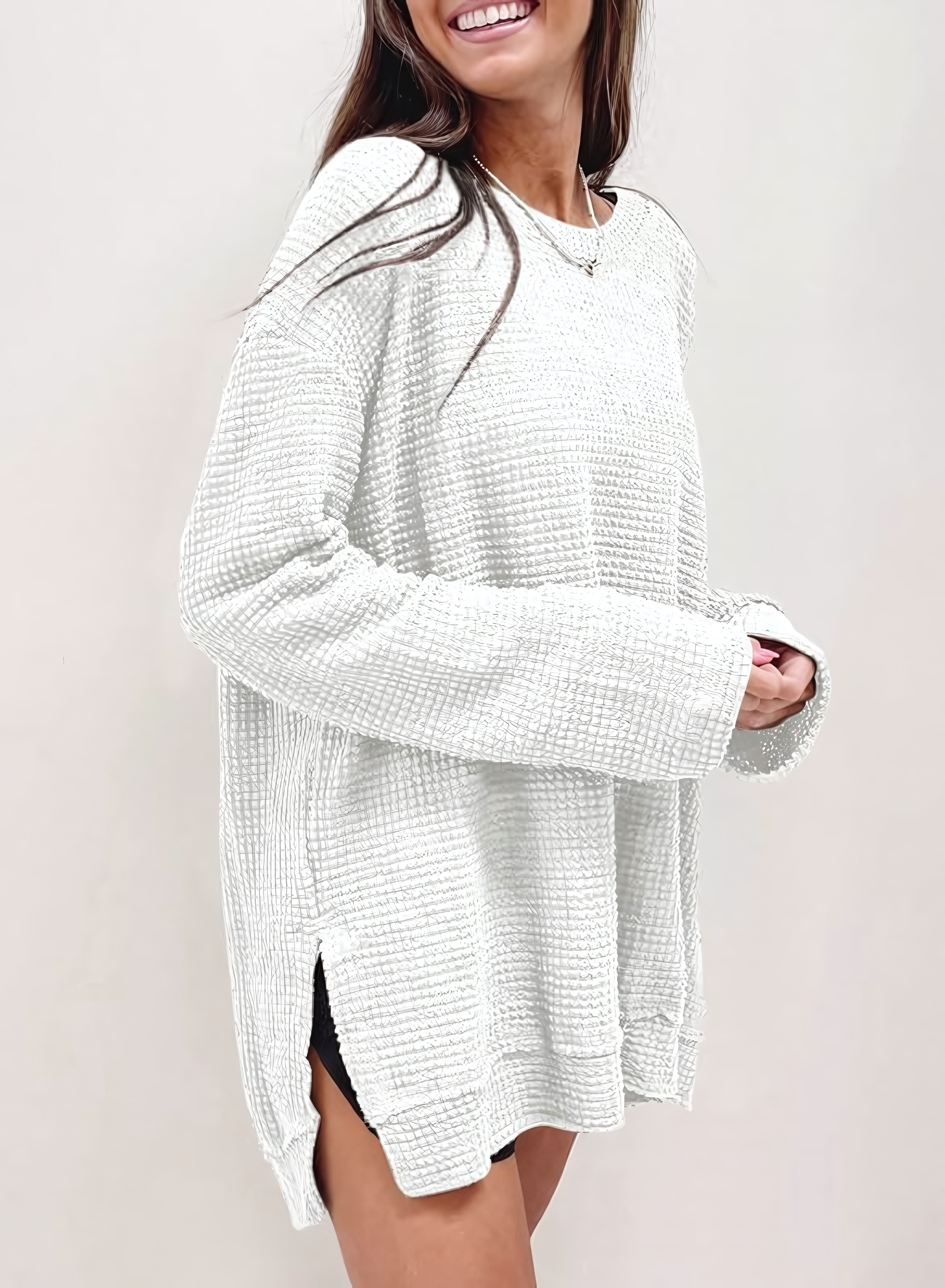 Women's Fall Long Sleeve Waffle Knit Hi-low Hem Tops