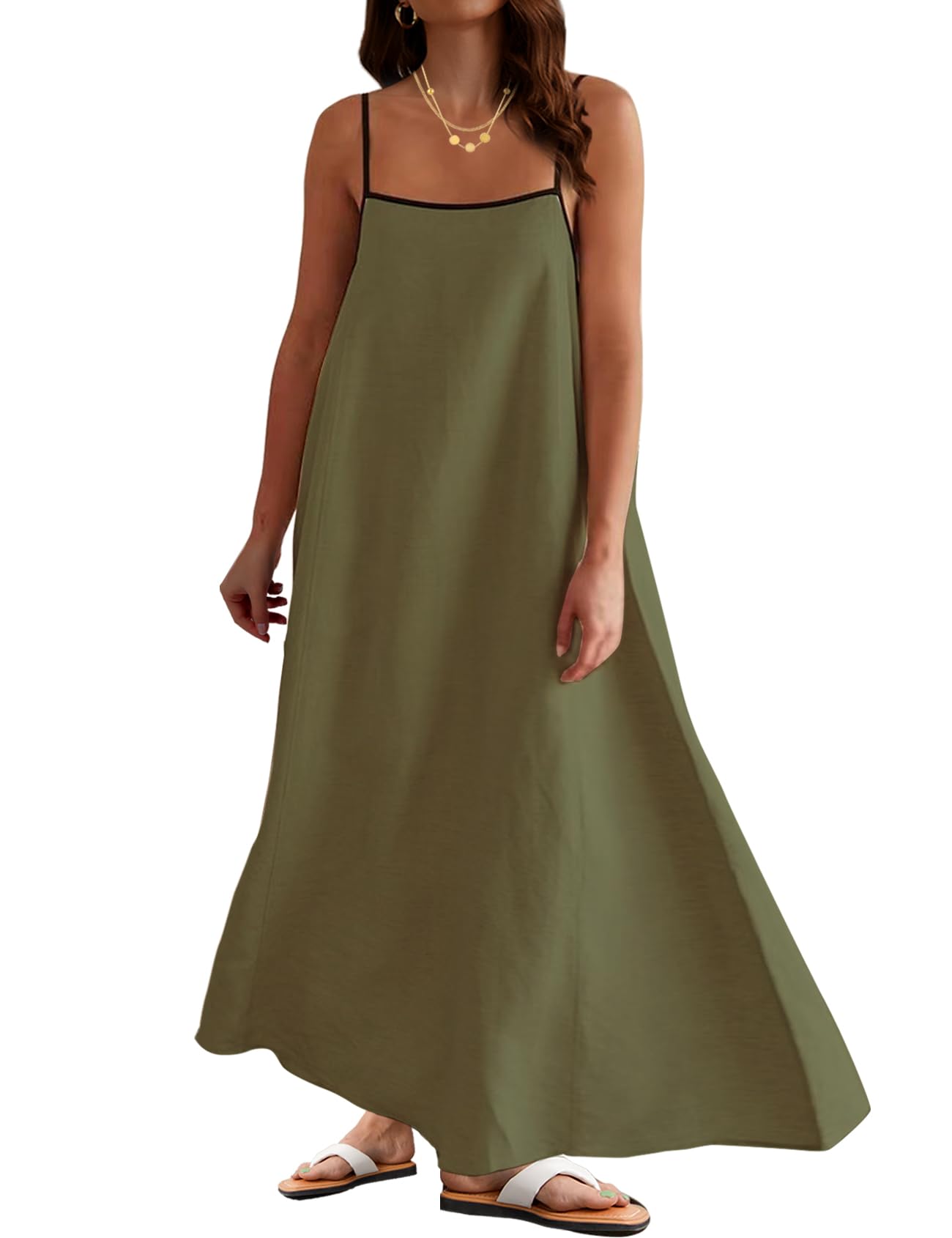 Women Casual Spaghetti Strap Square Neck Maxi Dress