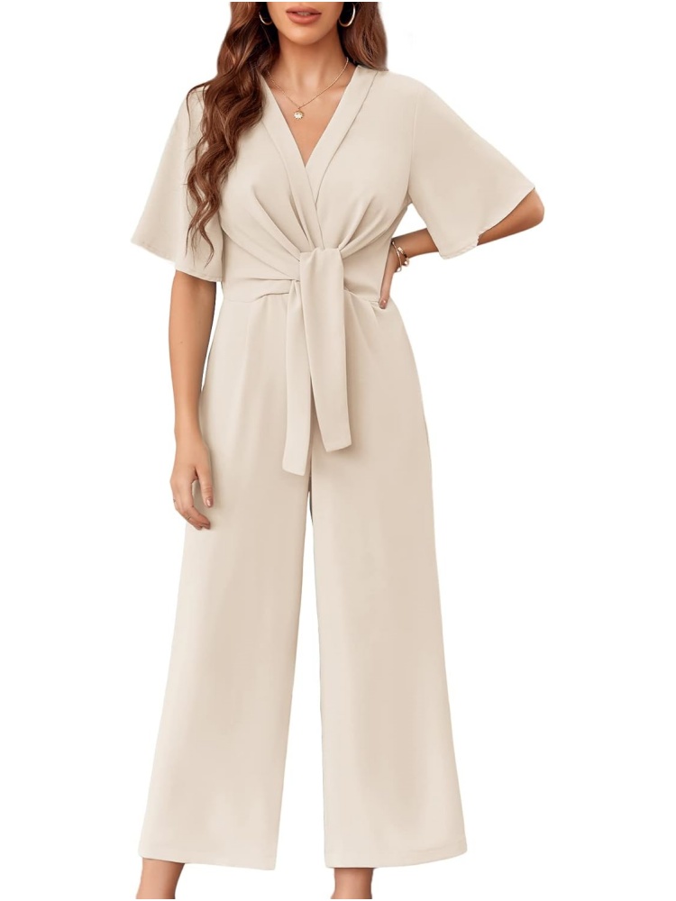 Womens Short Sleeve Tie Knot Front Wide Leg Jumpsuits