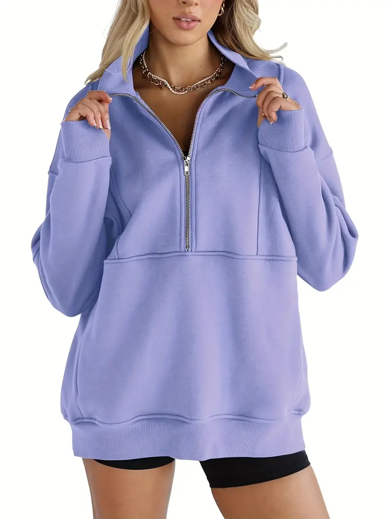  Solid color half-zip pullover sweatshirt
