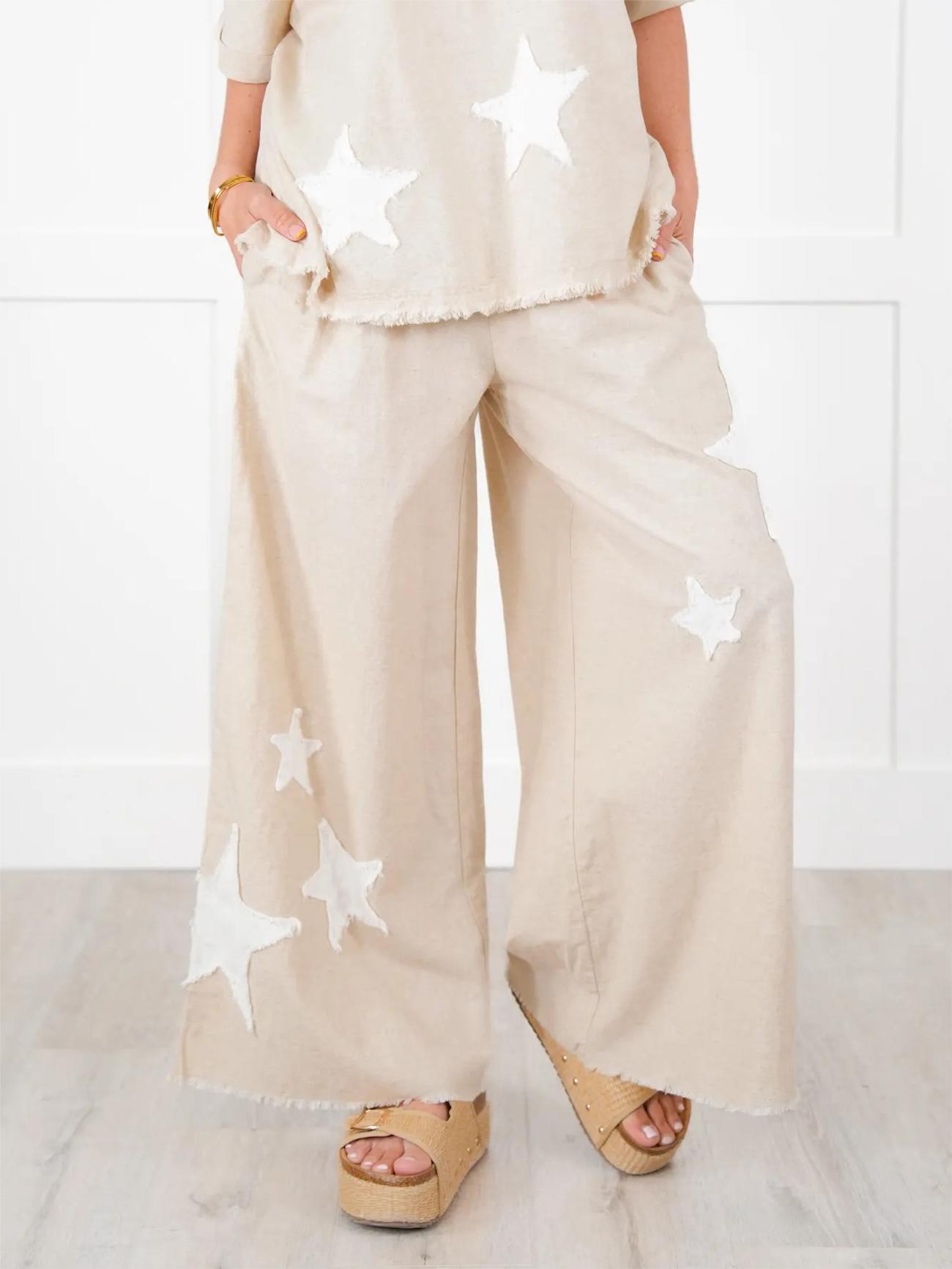 Women's Short Sleeve Top And Wide Leg Pant Set With Star Patch Detail(50% OFF🔥)