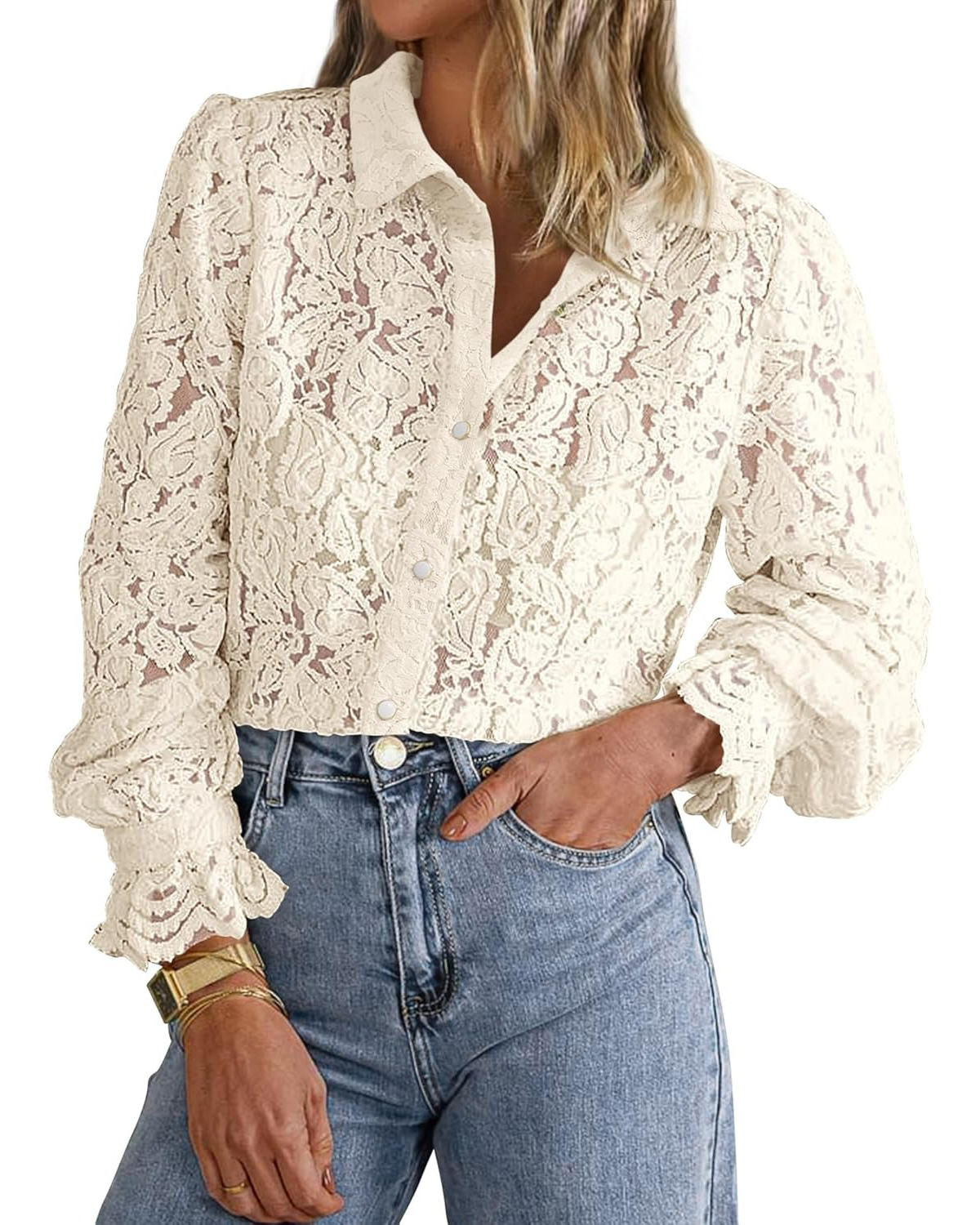 Women's Casual Dressy Lace Button Down Long Sleeve Shirts