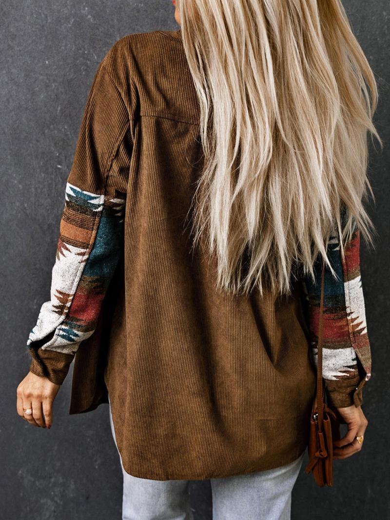Women's Western Geometric Print Collared Button Front Corduroy Coat