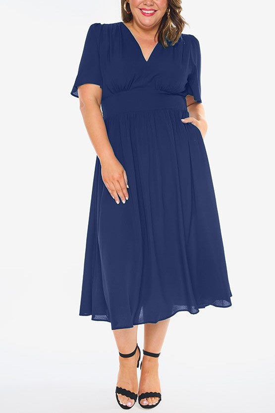 V Neck High Waist Smocked Dress