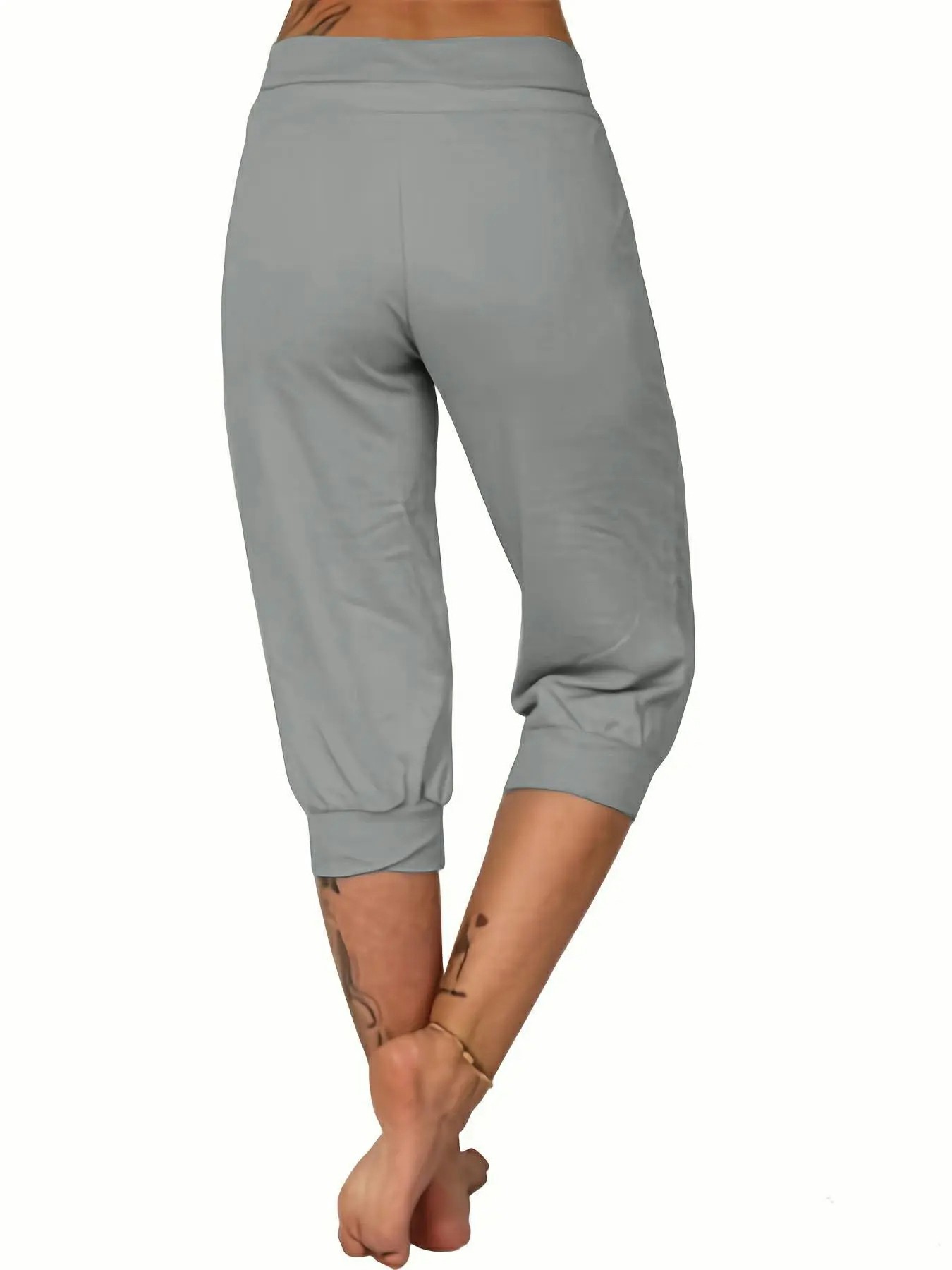 Women's Plain Drawstring Waist Capris Pants With Pockets
