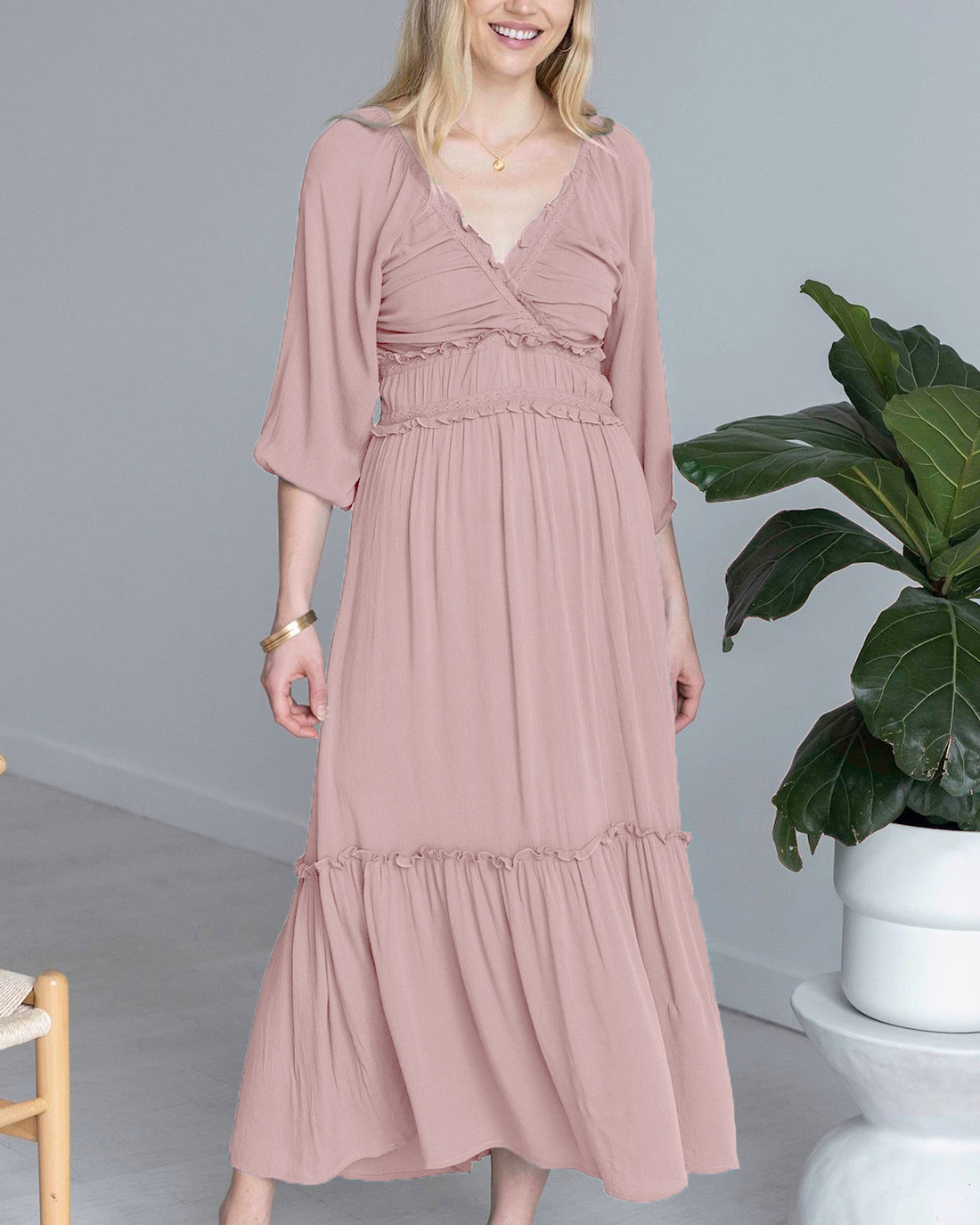 V-neck Smocked Ruffled Tiered Dress