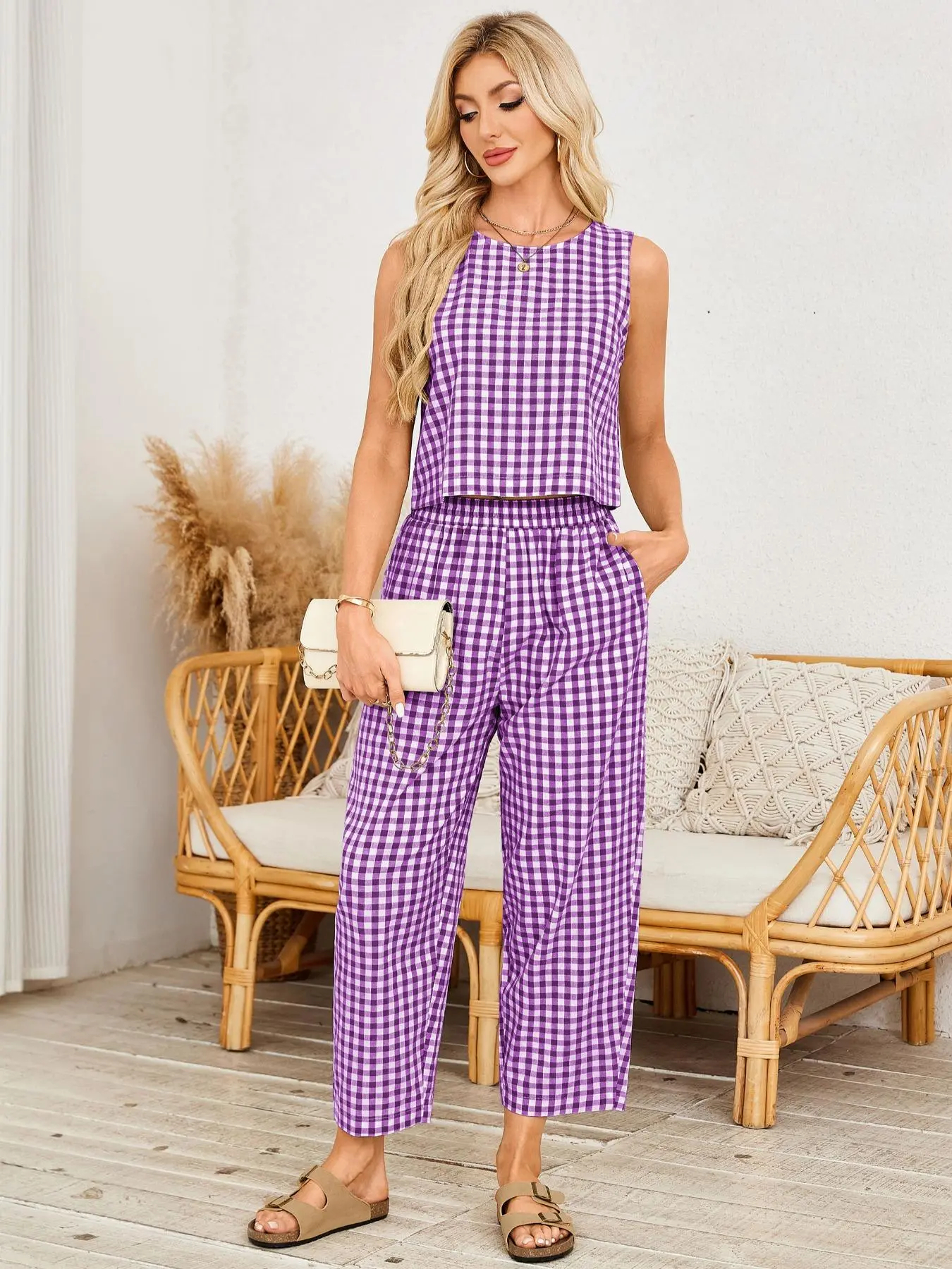 Women's Gingham Sleeveless Tank Top & Barrel Pants Set (BUY 2 FREE SHIPPING)