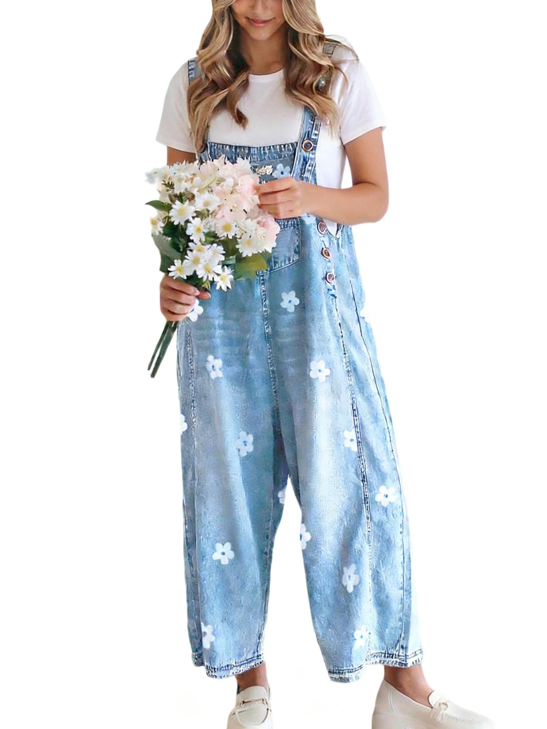 Women's Floral Printed Adjustable Strap Denim Bib Overalls Baggy Jumpsuit