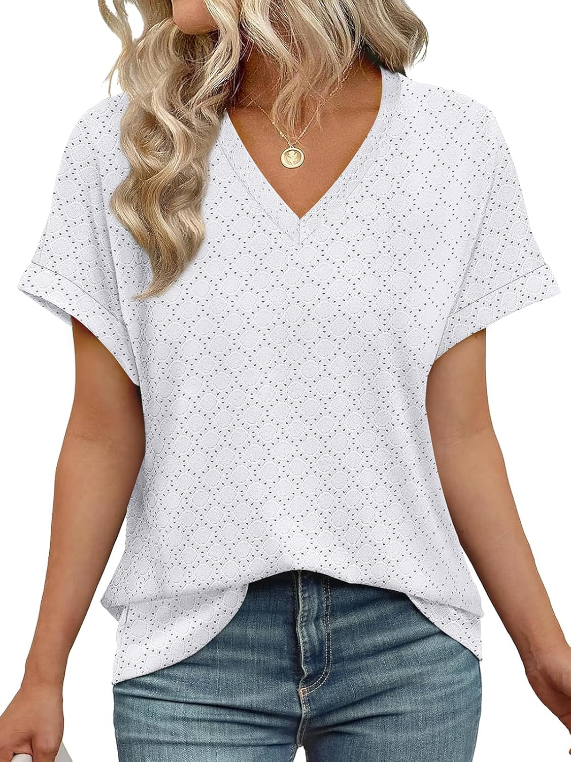 Women's V Neck Eyelet Dressy Casual Basic Short Sleeve Tees