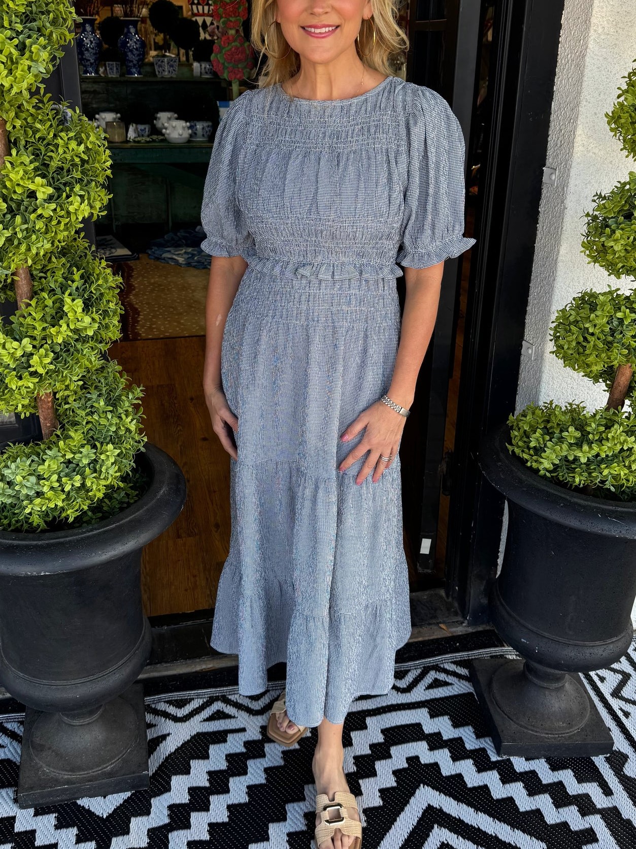 Women's Gingham Short Sleeve Ruffled Smocked Dress