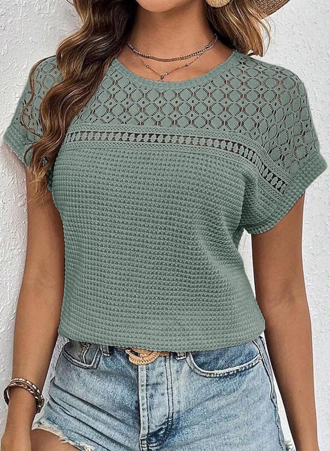 HOT SALE Women's Casual Waffle Knit Hollow Out Short Sleeve Shirts