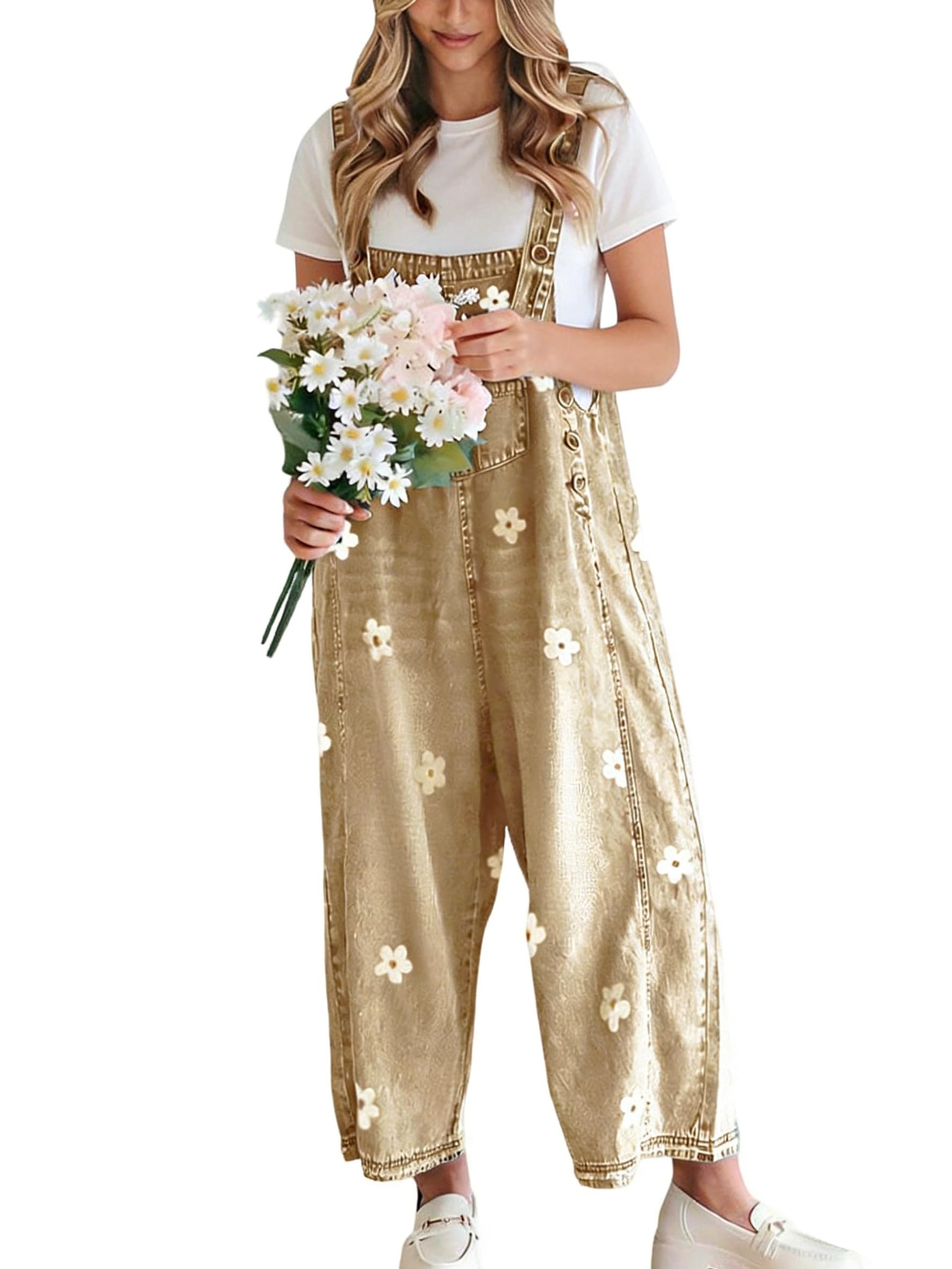 Women's Floral Printed Adjustable Strap Denim Bib Overalls Baggy Jumpsuit