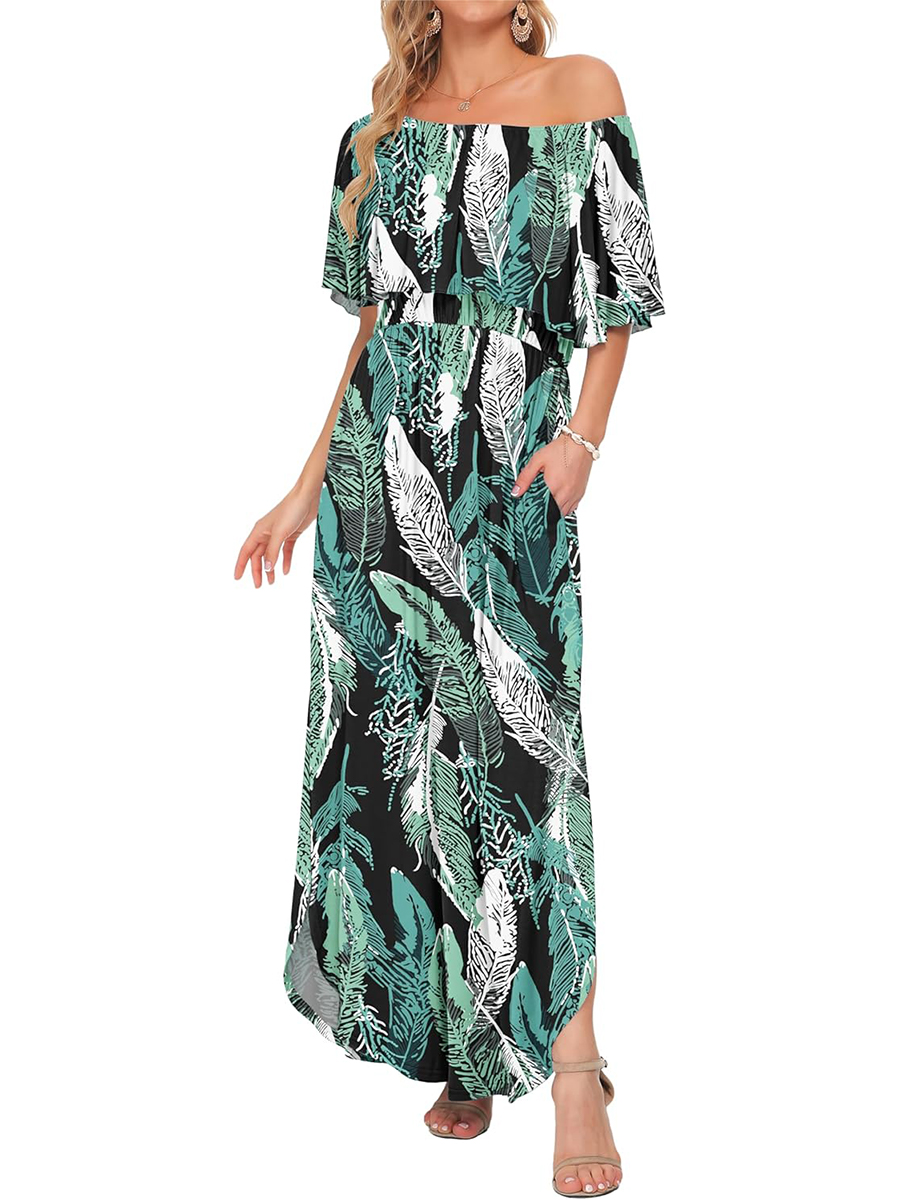 Women's Summer Casual Off Shoulder Ruffle Side Split Maxi Dresses with Pockets